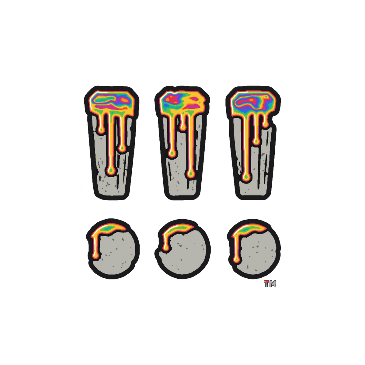 Oil Slick sticker: three stone !!! with solid dots and rainbow oil drips, with a small TM