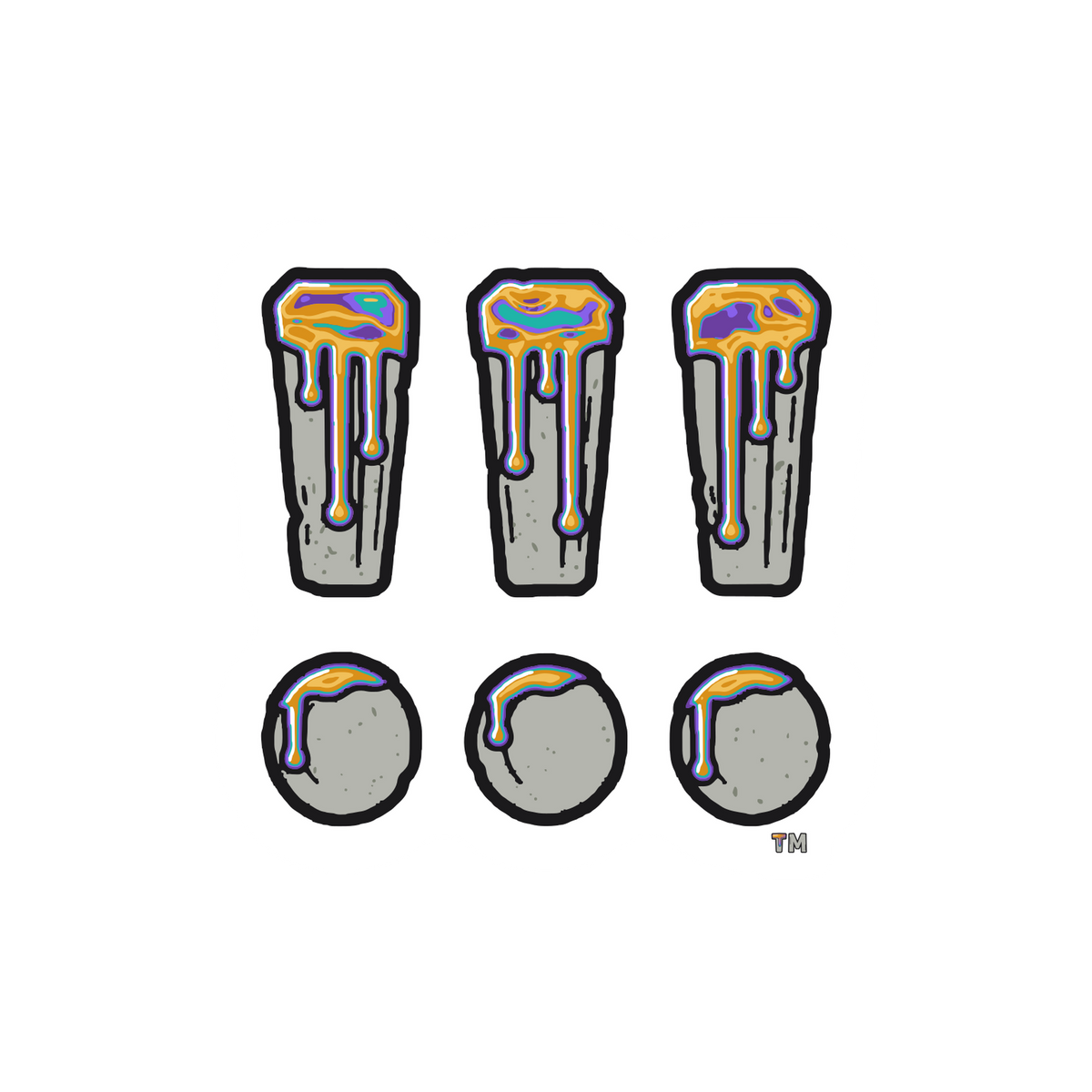 Iron Bloom sticker: three stone !!! with amber, violet and teal drips, with a small TM