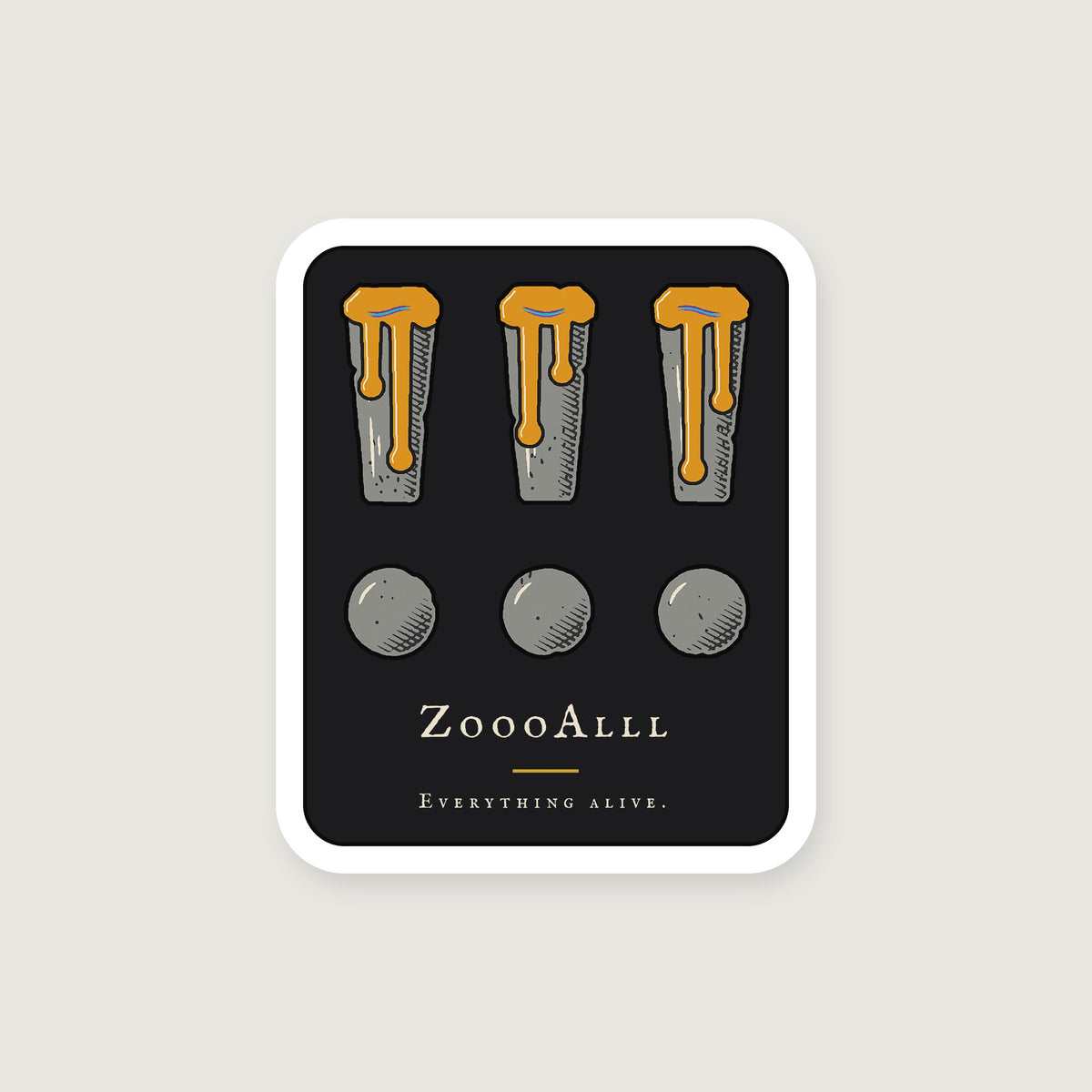 Everything Alive Plate sticker: three stone !!! with amber drips on an iron-black plate, ZoooAlll, Everything alive.