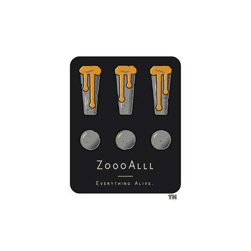Everything Alive Plate sticker: three stone !!! with amber drips on an iron-black plate, hand-drawn ZoooAlll name and Everything Alive. under a thin amber line, white die-cut edge, with a small TM