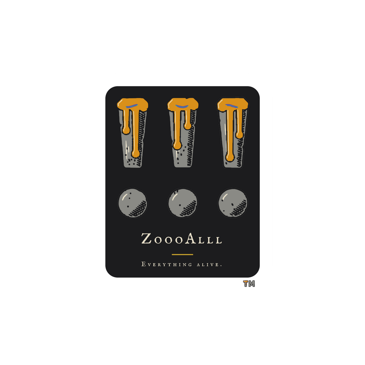 Everything Alive Plate sticker: three stone !!! with amber drips on an iron-black plate, ZoooAlll, Everything alive., with a small TM