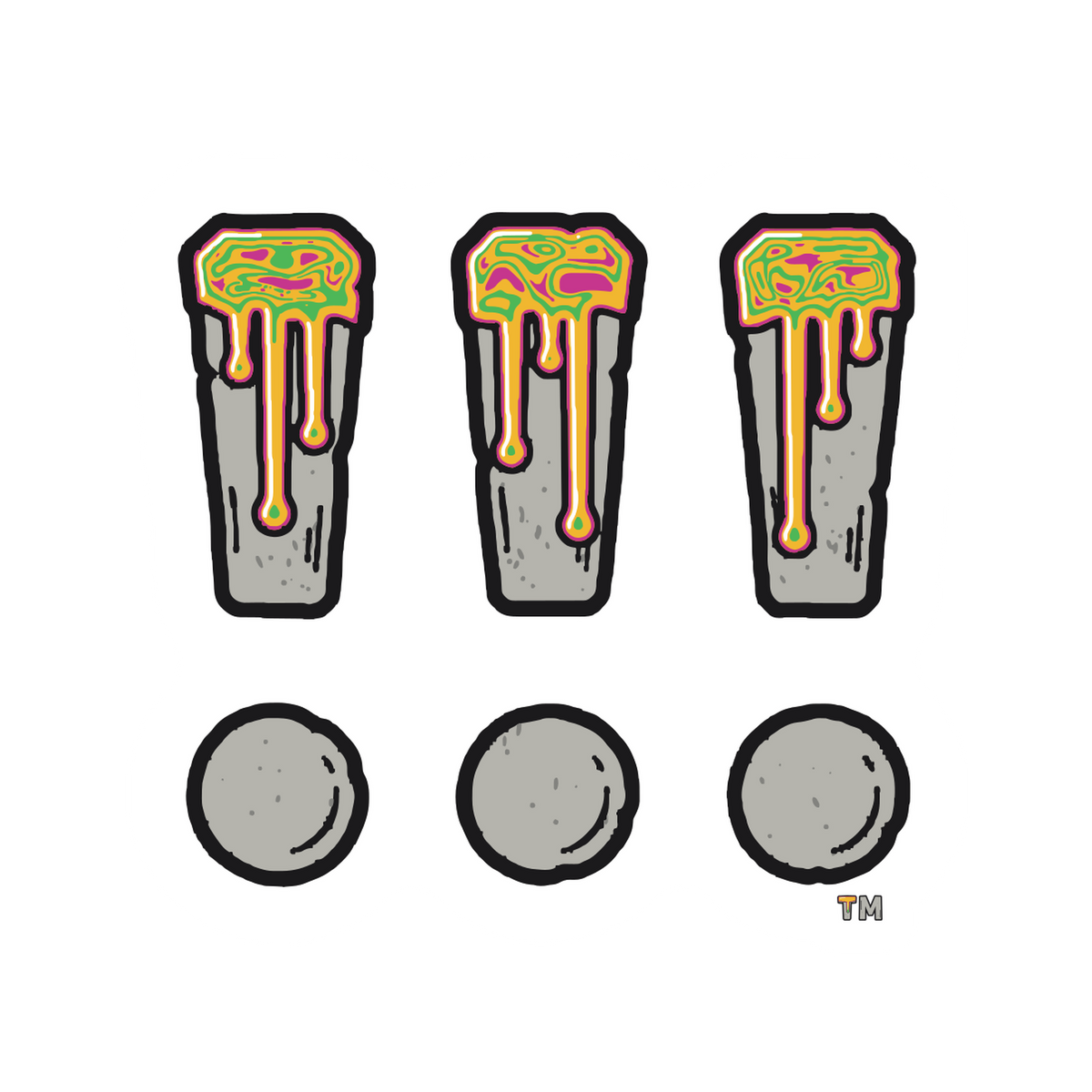 Still Stone !!! sticker: three grey stone bars with oily drips over three stone dots, with a small TM